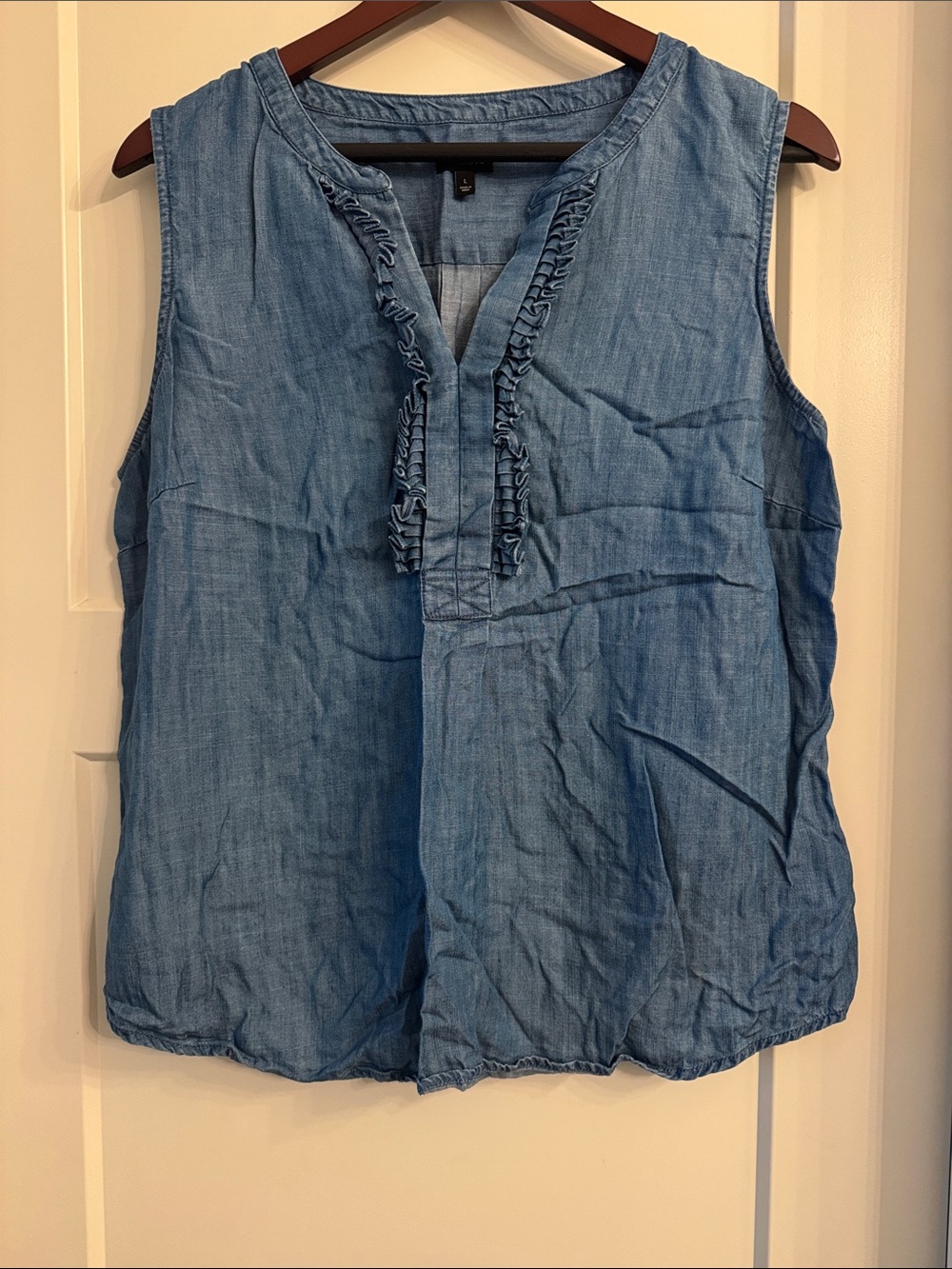 Talbots Light Blue Chambray Ruffle-Trim Sleeveless Shirt